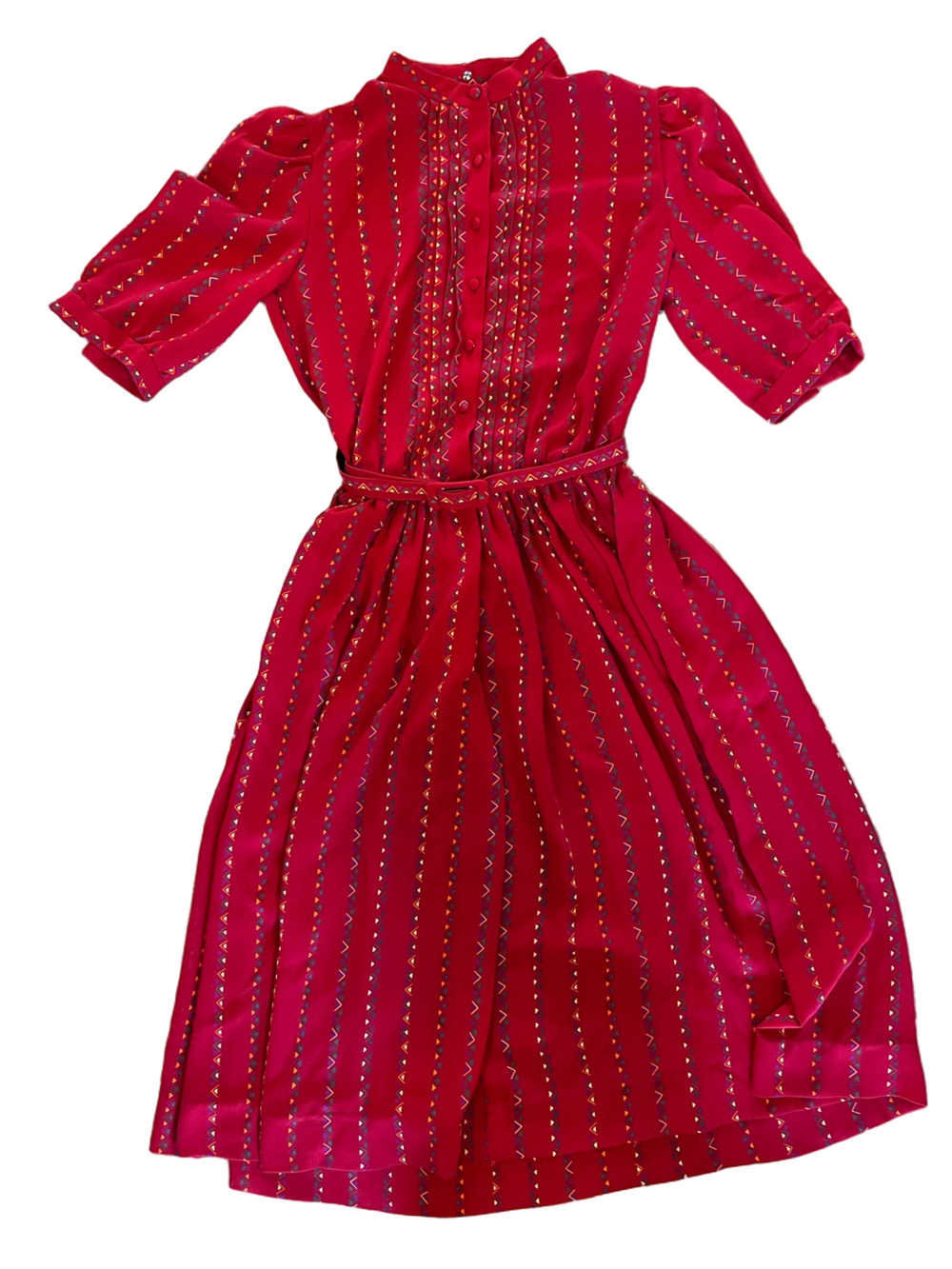 Vintage Stanley Sklar Red Chevron Pleated Midi Dress 70s 80s Geometric